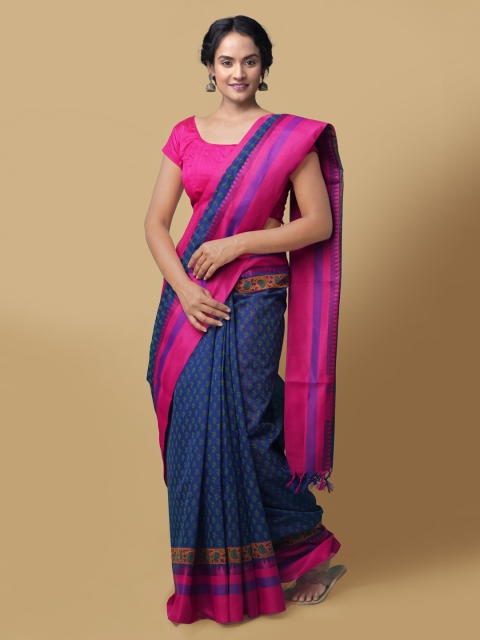 

Unnati Silks Blue & Pink Silk Cotton Printed Chanderi Saree