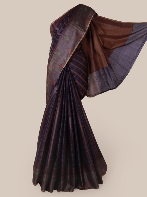 

Pothys Navy Blue Pure Silk Checked Tussar Saree