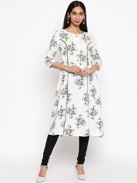 

People Women White & Black Ethnic Motifs Printed A-Line Kurta