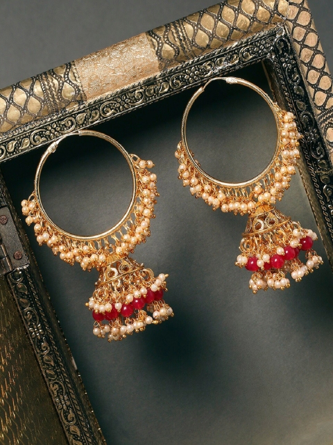 

OOMPH Gold-Toned & Red Pearl Adorned Dome Shaped Jhumkas