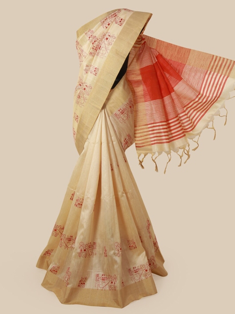 

Pothys Cream-Coloured & Red Jute Silk Printed Saree