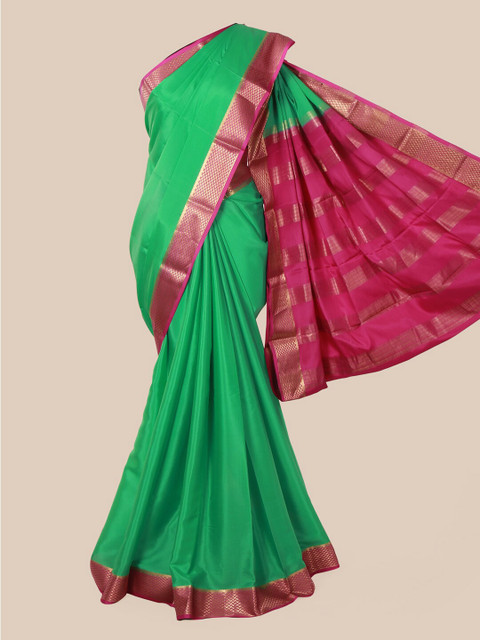 

Pothys Green & Pink Pure Silk Solid Mysore Silk Saree