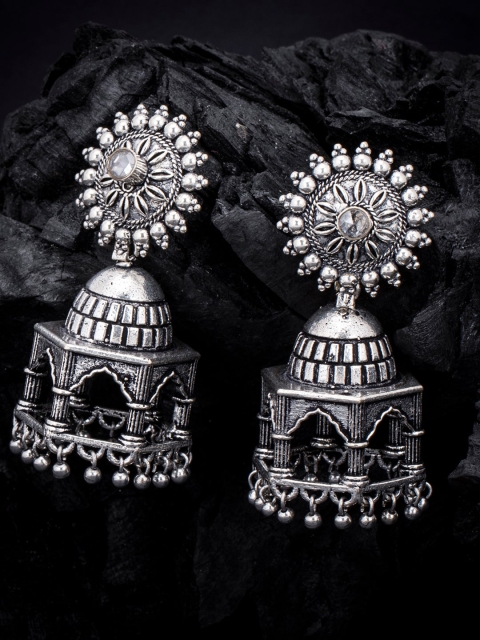 

Sukkhi Oxidized Rhodium-Plated Temple Dome Shaped Jhumkas, Silver