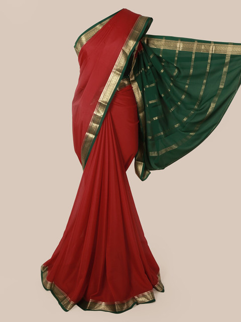 

Pothys Red & Green Pure Silk Solid Mysore Silk Saree