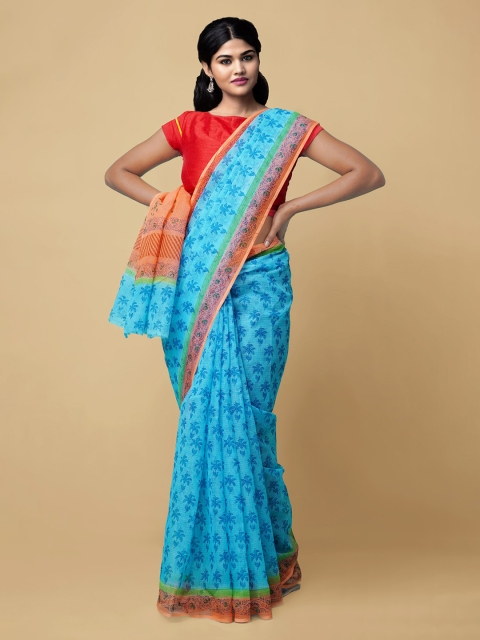 

Unnati Silks Turquoise Blue & Orange Pure Cotton Hand Block Printed Kota Handloom Saree