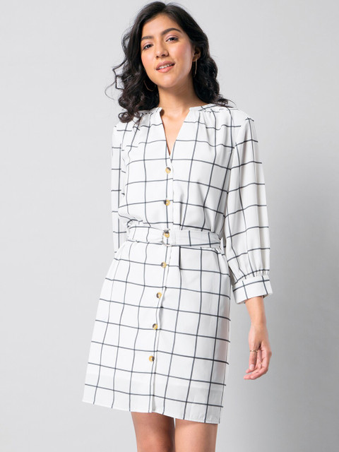 

FabAlley Women White & Black Checked Shirt Dress