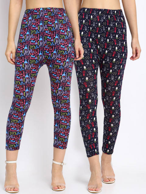 

NEUDIS Women Pack of 2 Printed Skinny Fit Ankle Length Crop Leggings, Navy blue