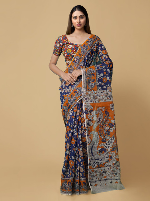 

Unnati Silks Blue & Orange Pure Cotton Printed Kota Saree