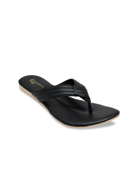 

Padvesh Women Black Textured T-Strap Flats
