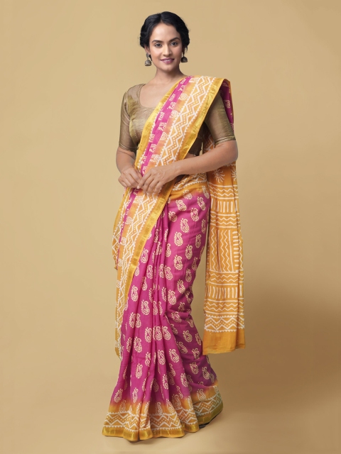 

Unnati Silks Pink & Yellow Pure Cotton Printed Block Print Saree