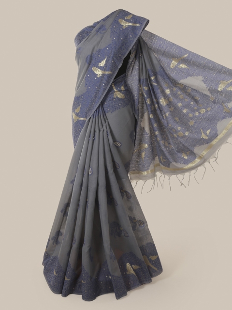 

Pothys Grey Printed Jute Silk Saree With Tasseled Pallu