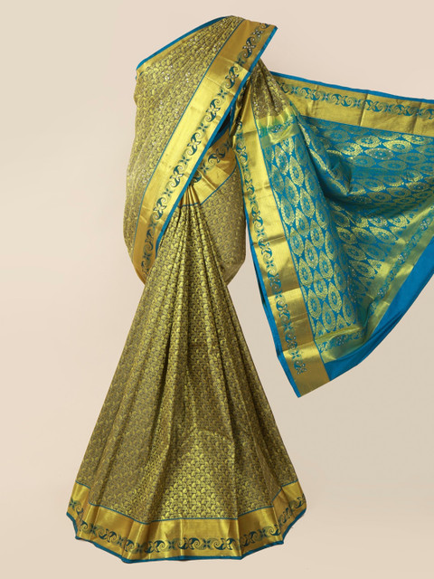 

Pothys Green & Gold-Toned Pure Silk Woven Design Kanjeevaram Saree