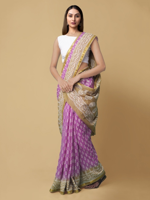 

Unnati Silks Purple & Brown Pure Cotton Printed Handloom Block Print Saree