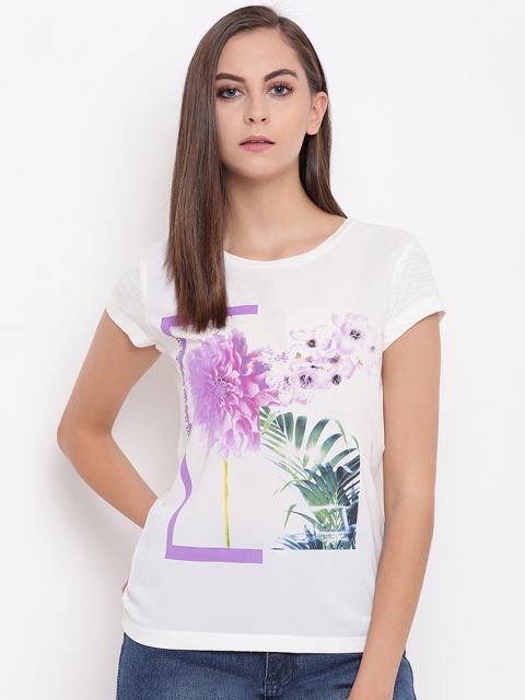 

Miss Grace Women White & Lavender Floral Printed Pure Cotton Styled Back Top