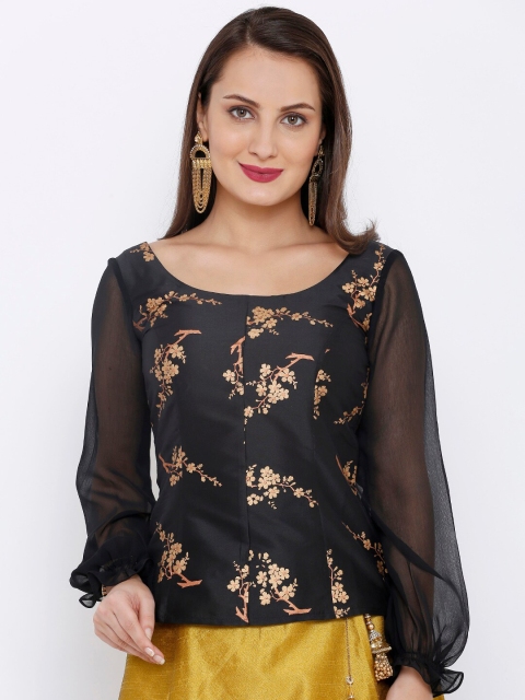 

Ira Soleil Black & Golden Floral Printed Puff Sleeves Regular Top