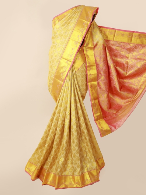 

Pothys Cream-Coloured & Gold-Toned Pure Silk Woven Design Kanjeevaram Saree