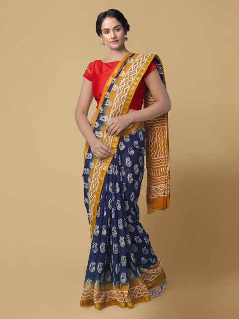 

Unnati Silks Blue Pure Cotton Printed Block Print Saree