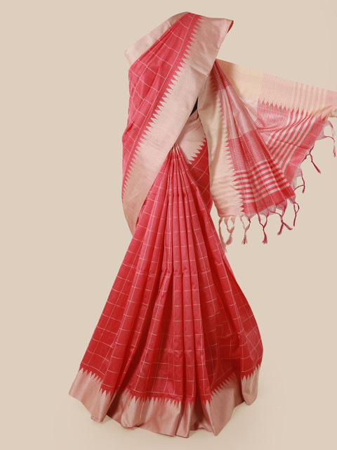 

Pothys Pink & Beige Jute Silk Checked Saree