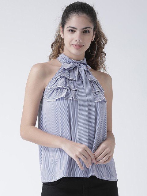 

Texco Blue & White Striped Halter Neck Ruffled Regular Top