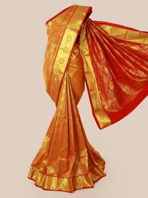 

Pothys Orange & Gold-Toned Pure Silk Woven Design Kanjeevaram Saree