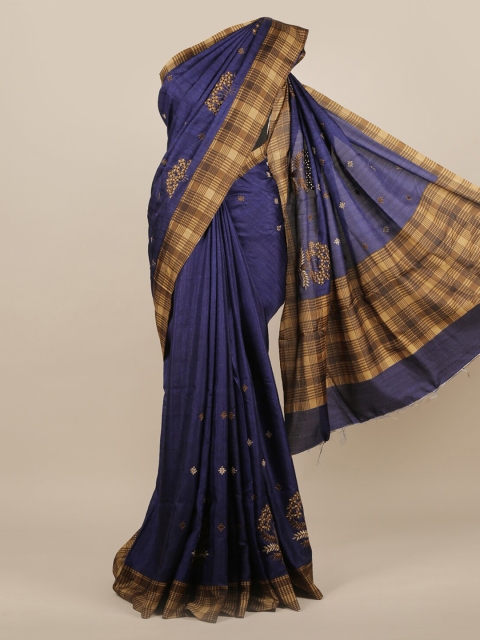 

Pothys Blue & Brown Jute Silk Floral Embroidered Saree