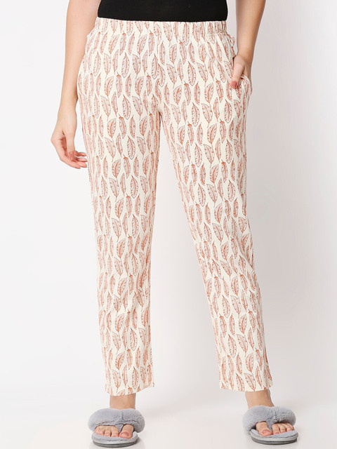 

Bewakoof Women Off White & Coral Orange Printed Lounge Pants