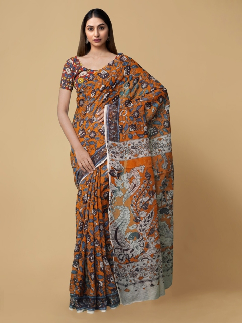 

Unnati Silks Orange & Blue Pure Cotton Kalamkari Printed Kota Handloom Saree