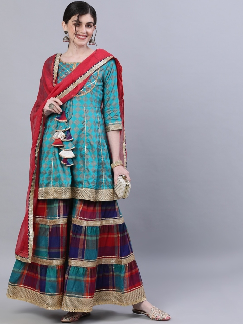 

Ishin DESIGNER STUDIO Women Blue Printed Kurta with Sharara & Dupatta