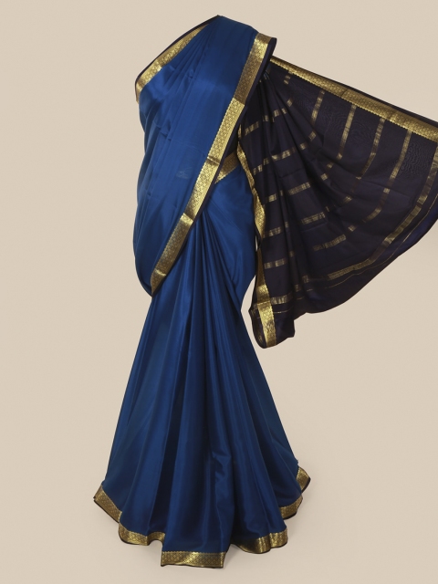 

Pothys Blue & Gold-Toned Pure Silk Solid Mysore Silk Saree