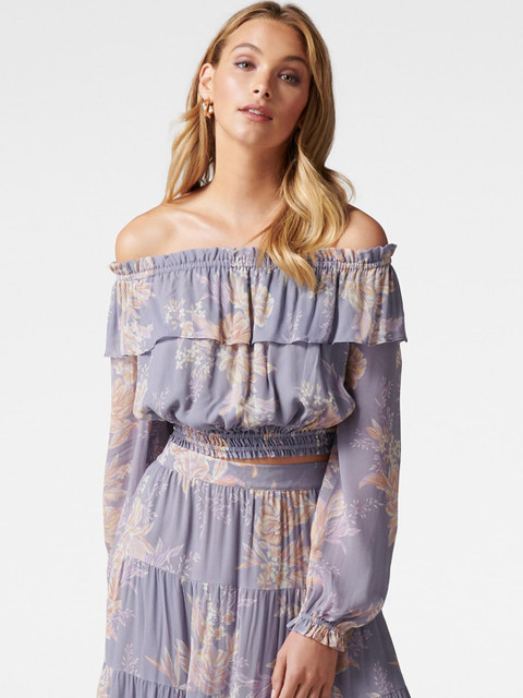 

Forever New Purple & Beige Floral Printed Off-Shoulder Puff Sleeves Smocked Bardot Crop Top