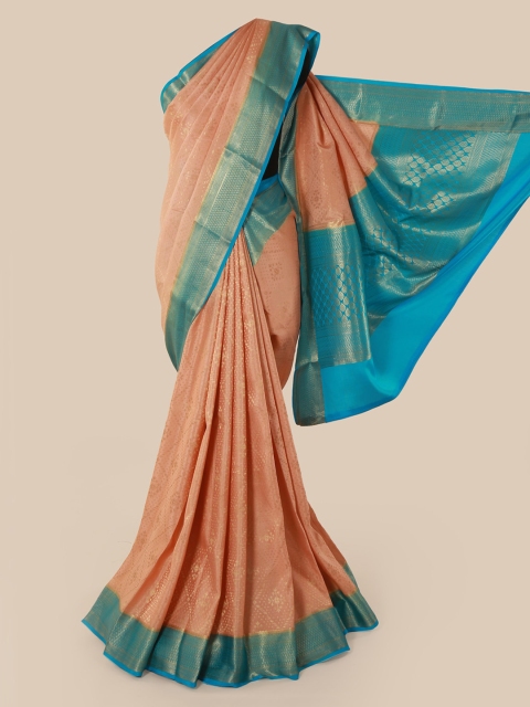 

Pothys Peach-Coloured & Turquoise Blue Pure Silk Woven Design Mysore Silk Saree