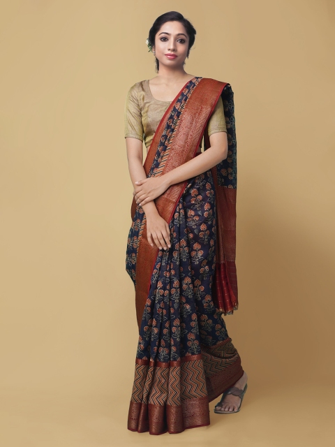 

Unnati Silks Navy Blue Silk Cotton Printed Maheshwari Saree
