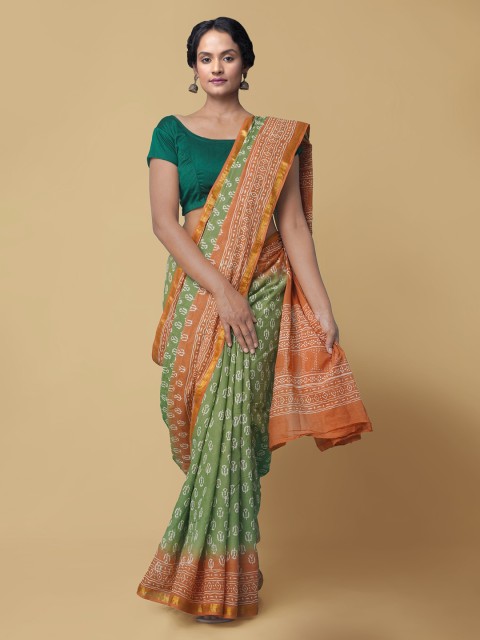 

Unnati Silks Green & Orange Pure Cotton Printed Handloom Block Print Saree