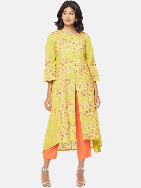 

RANGMANCH BY PANTALOONS Women Lime Green Floral Printed Flared Sleeves Kurta
