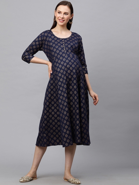 

MomToBe Women Navy Blue Printed Maternity A-Line Dress