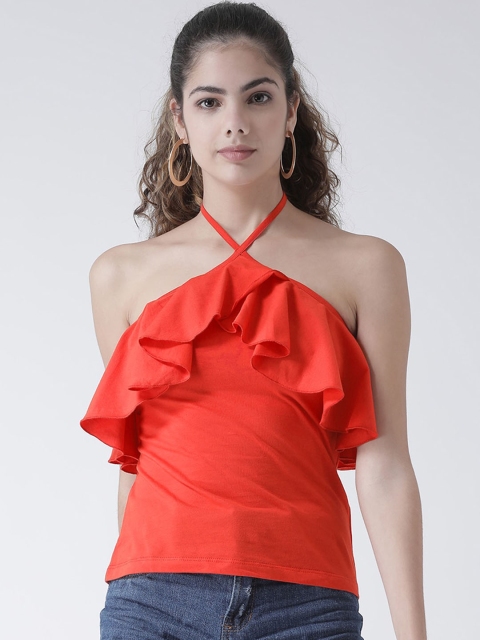 

Texco Red Halter Neck Ruffled Regular Top