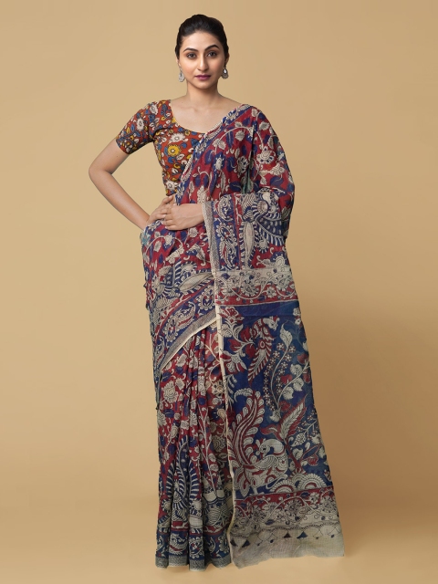 

Unnati Silks Red & Blue Pure Cotton Printed Handloom Kota Saree
