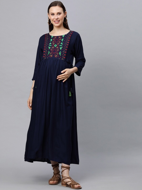 

MomToBe Women Navy Blue Embroidered Maternity Maxi Dress