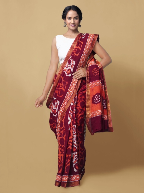 

Unnati Silks Red Pure Cotton BatikPrinted Bhagalpuri Saree