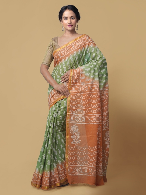 

Unnati Silks Green Pure Cotton Printed Block Print Saree