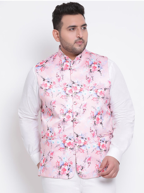 

Hangup Men Pink & Blue Floral Printed Woven Nehru Jacket