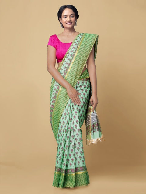 

Unnati Silks Green & Off-White Pure Cotton Printed Mangalagiri Saree