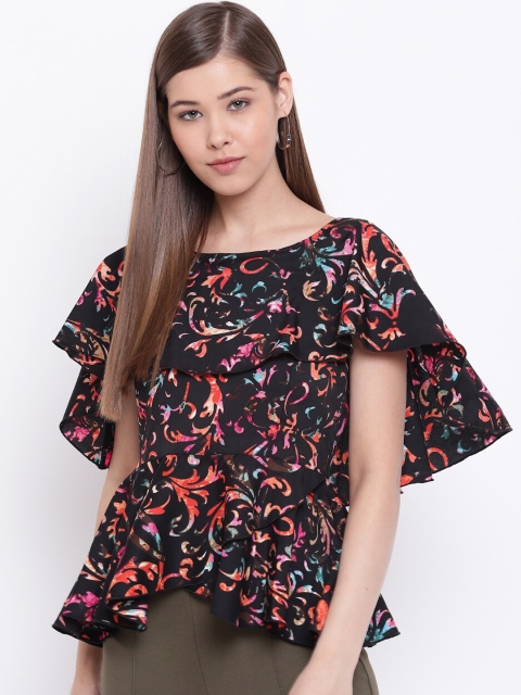 

Texco Black & Pink Printed Cape Sleeves Layered Peplum Top