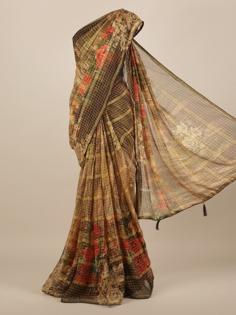 

Pothys Olive Green & Red Poly Chiffon Checked Saree