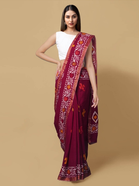 

Unnati Silks Maroon & White Pure Cotton Batik Printed Bhagalpuri Sustainable Saree