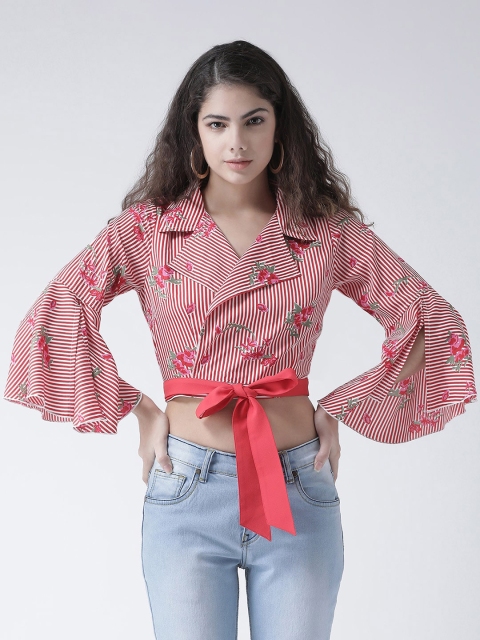 

Texco Red & White Striped Bell Sleeves Wrap Crop Top