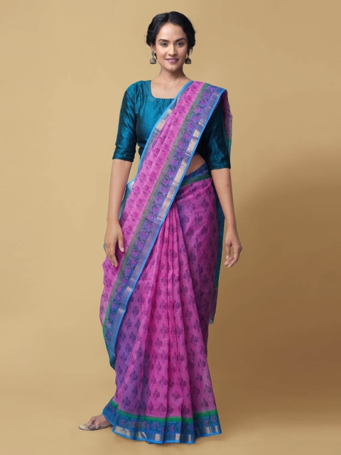 

Unnati Silks Pink & Blue Pure Cotton Printed Kota Saree
