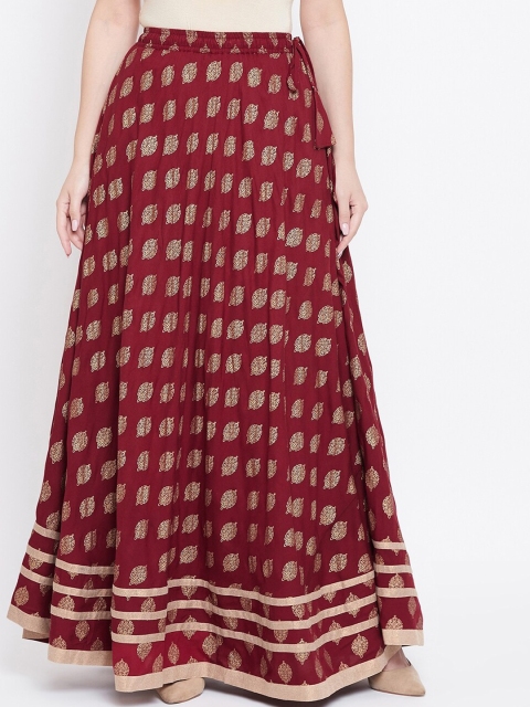 

TULIP 21 Women Maroon & Golden Ethnic Motifs Block Printed Flared Maxi Skirt