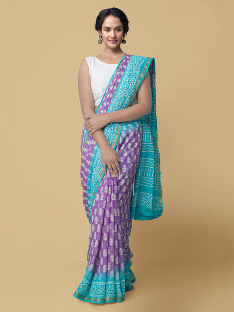 

Unnati Silks Purple Pure Cotton Printed Block Print Saree