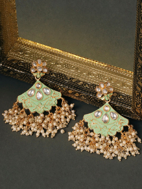 

OOMPH Green Gold-Plated Meenakari Kundan Contemporary Jhumkas